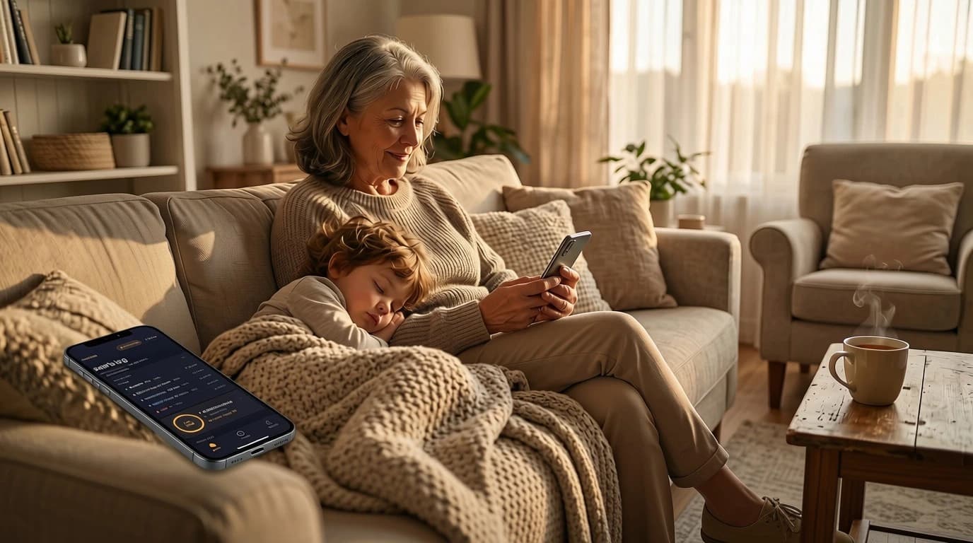 A grandmother on a couch beside a young child bundled in a blanket, holding a phone that shows a shared MedStitch dose log.