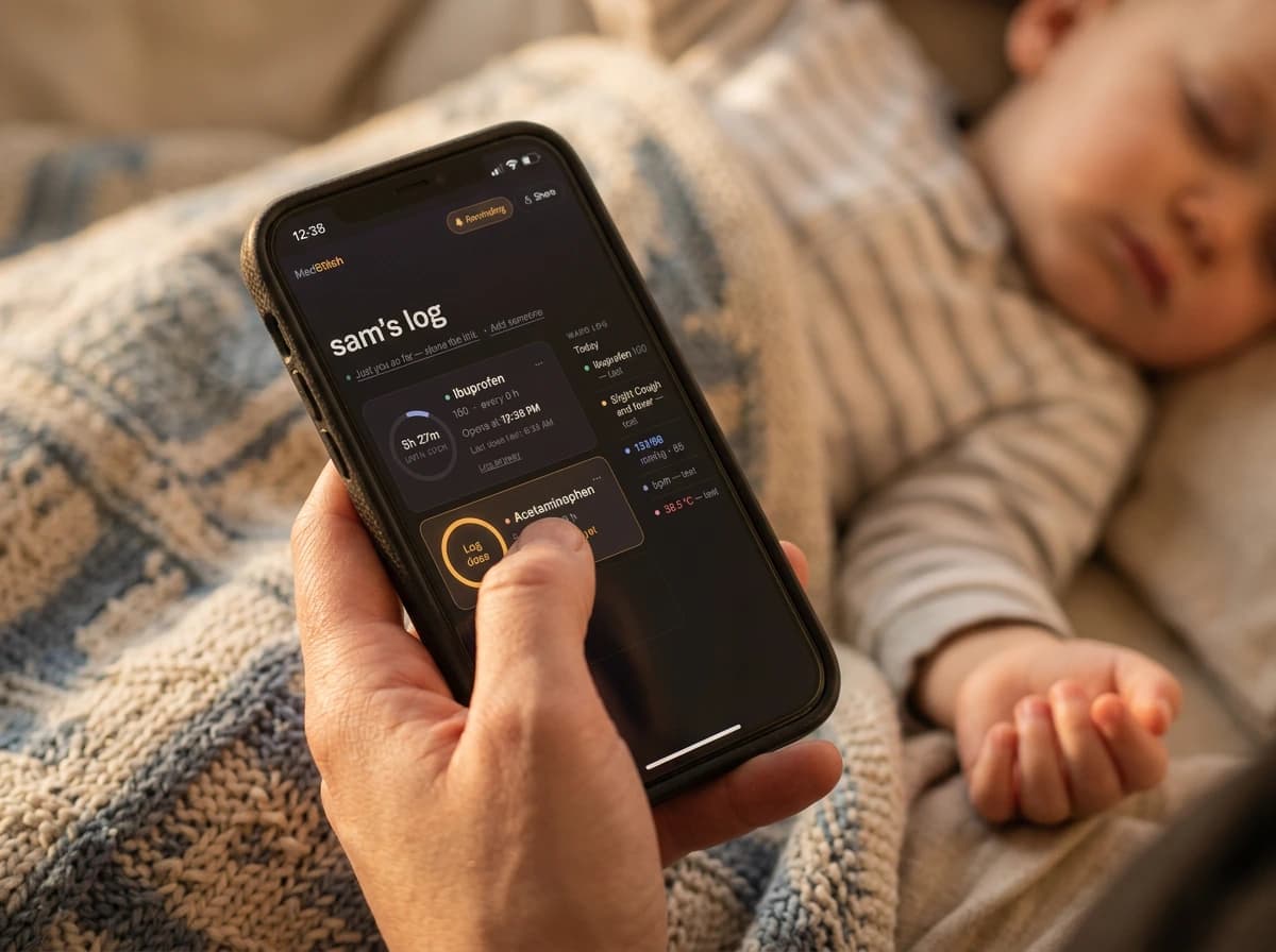 Close-up of a parent's hand tapping the MedStitch app to log an acetaminophen dose, with a sleeping child blurred in the background.