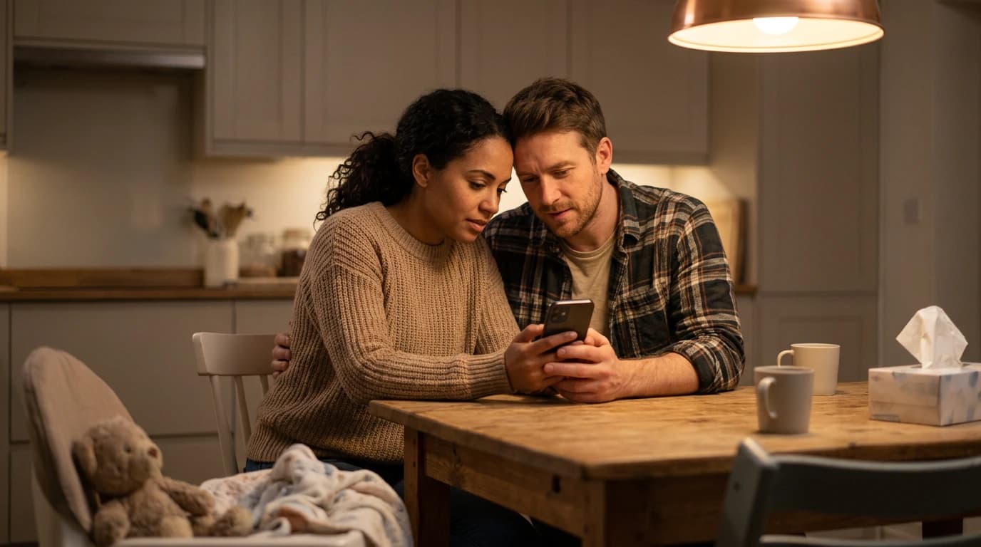 Two parents leaning close at a warm-lit kitchen table, both looking at a phone showing a shared MedStitch dose log.